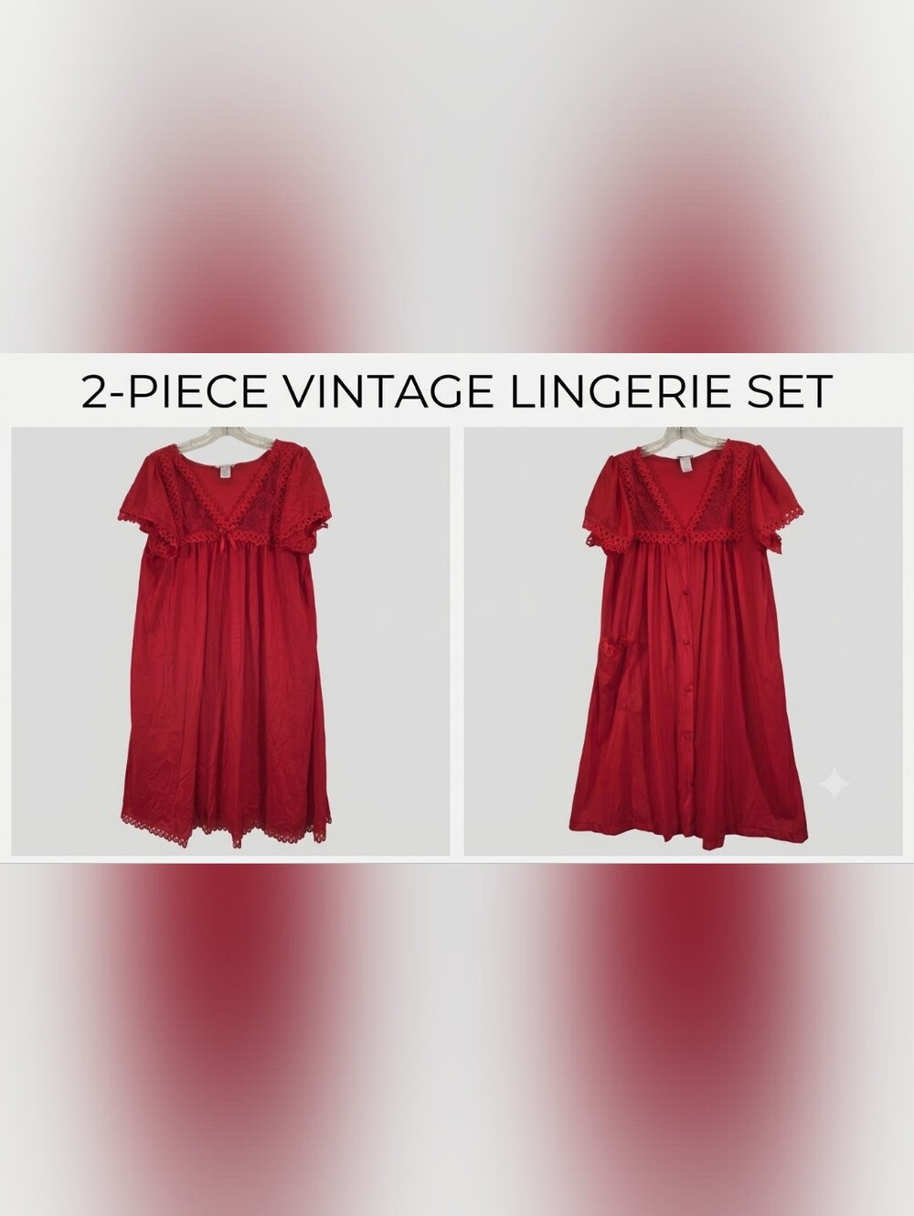 Vintage Kelly Reed Red Lingerie Set Nightgown & Robe Lace Small 2pc